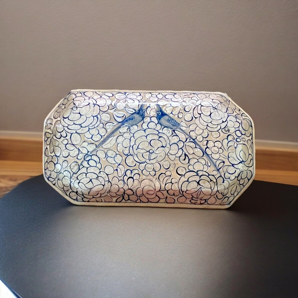 Gold & Blue with Floral & Birds Paper Mâché Trinket Box Handmade Made In India